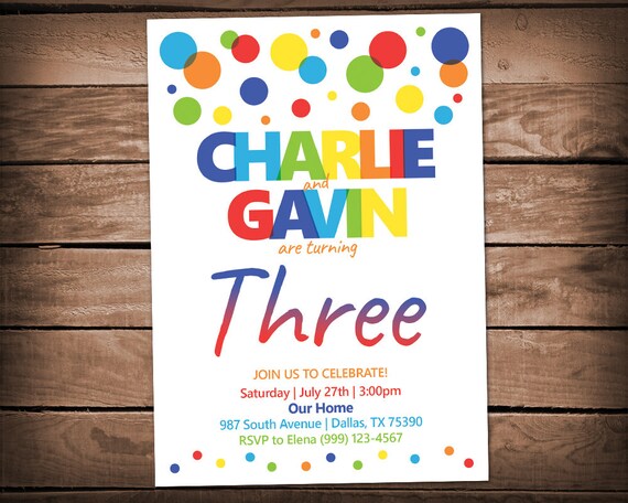 Polka Dot Party Invitation Sibling Birthday Invitation Twins Party Invite Polka Dot Birthday invitation Rainbow Polka Dot Invitation Il_570xn