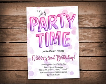 It's Party Time Invitation - Balloons Birthday Party - Balloons Birthday invitation - Pink and Purple Foil Balloons Invitation - Any Age