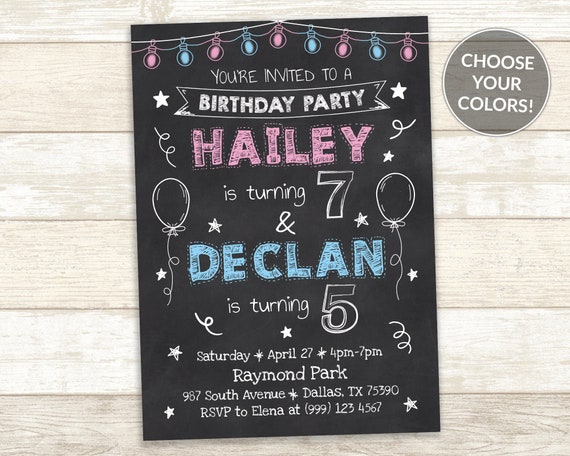 Sibling Birthday Invitation - Double Birthday Party Invitation - Joint Birthday Party Invite - Chalkboard Party Invite - Boy and Girl Invite Il_570xn
