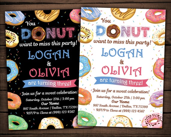 Twins Birthday Invitation Donut Birthday Party Invitation Joint Birthday Party Invite Sibling Birthday Invite Boy and Girl Donut Invite Il_570xn