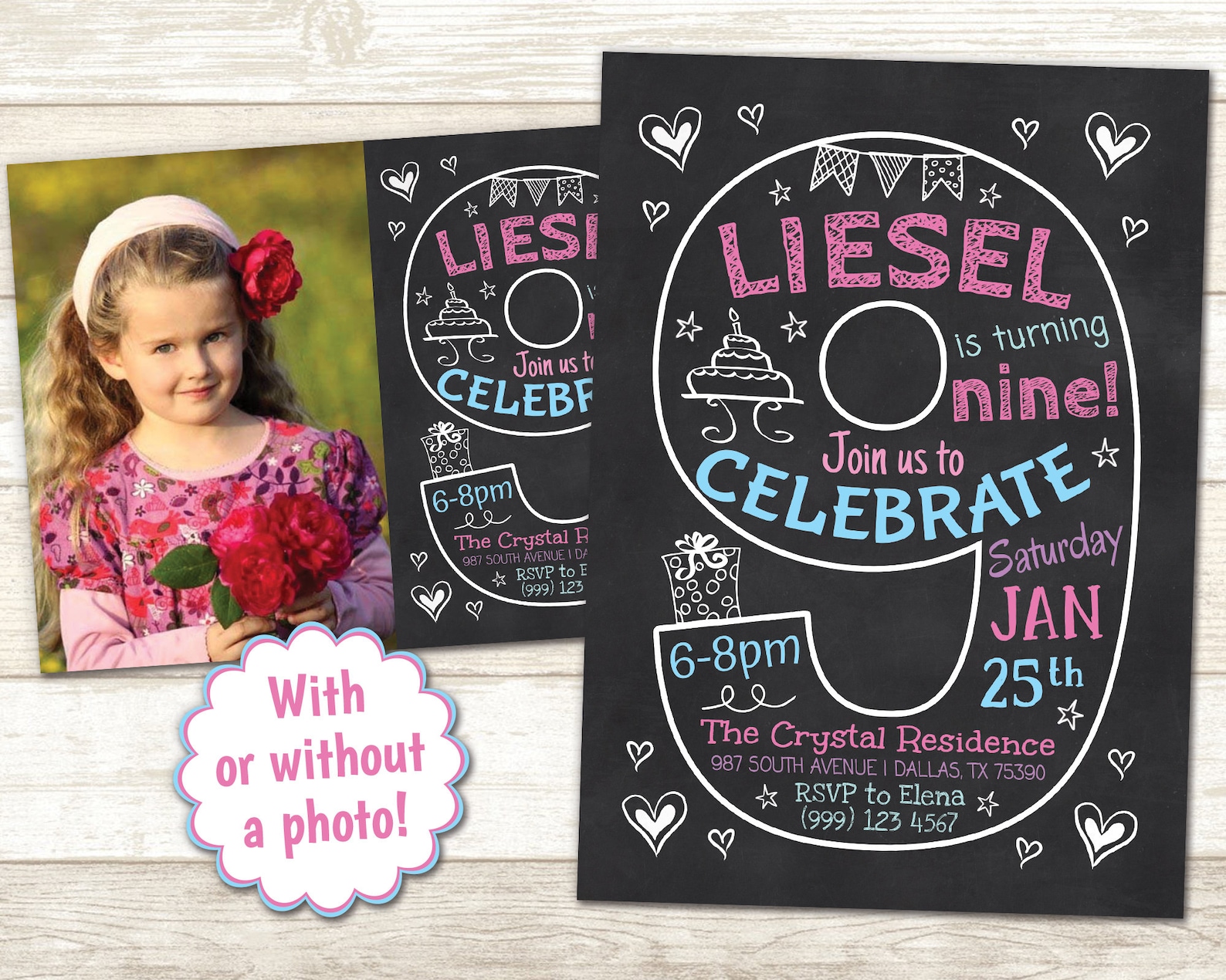 9th Birthday Invitation Chalkboard Invitation Ninth Party Etsy