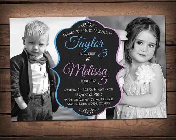 Sibling Birthday Invitation - Double Birthday Party Invitation - Joint Birthday Party Invite - Twins Party Invite - Black & White Invite Il_570xn