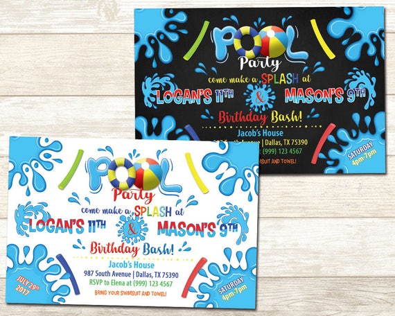Pool Party Birthday Invitation - Swimming Pool Birthday Party - Sibling Pool Party Birthday invitation - Double Birthday Party Il_570xn