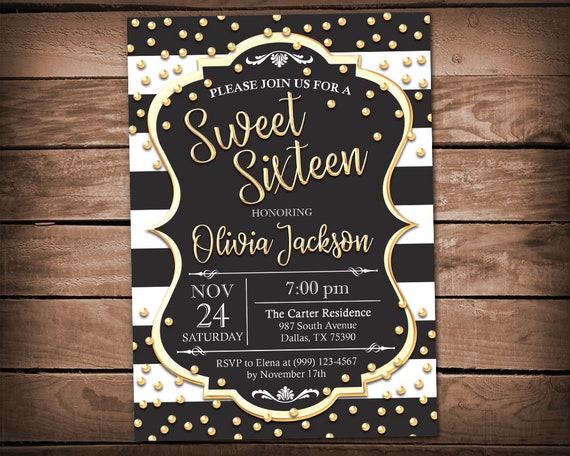 Sweet Sixteen Birthday Invitation - Black and Gold Sixteen Birthday - Sweet 16 Birthday Party - 16th Birthday Party Il_570xn