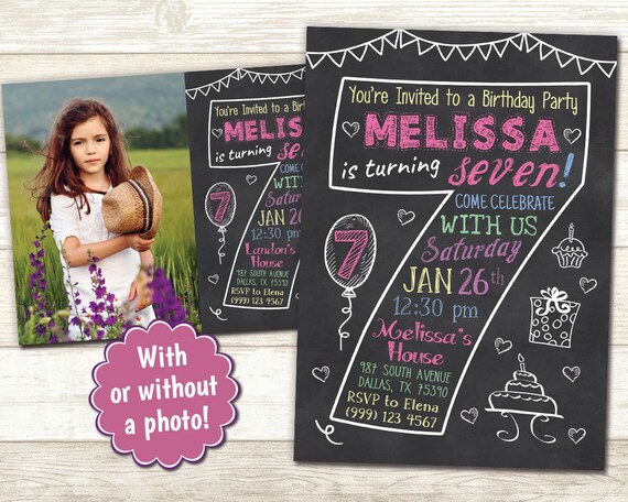7th Birthday Invitation - Chalkboard Invitation - 7th Party Invitation - Printable Birthday invite - 7th Birthday Chalkboard invitation Il_570xn