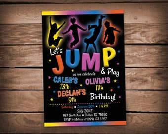 Jump and Play Birthday Invite Jump Birthday Invite Trampoline Birthday Party Bounce House Party Invitation Sibling Triple Birthday Invite