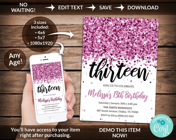 13th Birthday Invitation Pink Glitter Confetti Editable Invite 4x6, 5x7 & Mobile Phone Invitation INSTANT DOWNLOAD Corjl Editable Any Age Il_570xn