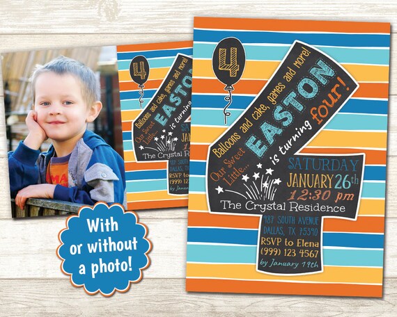 4th Birthday Invitation - Chalkboard Invitation - Fourth Party Invitation - Printable Birthday invite - 4th Birthday Chalkboard invitation Il_570xn