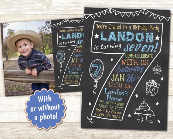 7th Birthday Invitation - Chalkboard Invitation - 7th Party Invitation - Printable Birthday invite - 7th Birthday Chalkboard invitation Il_570xn