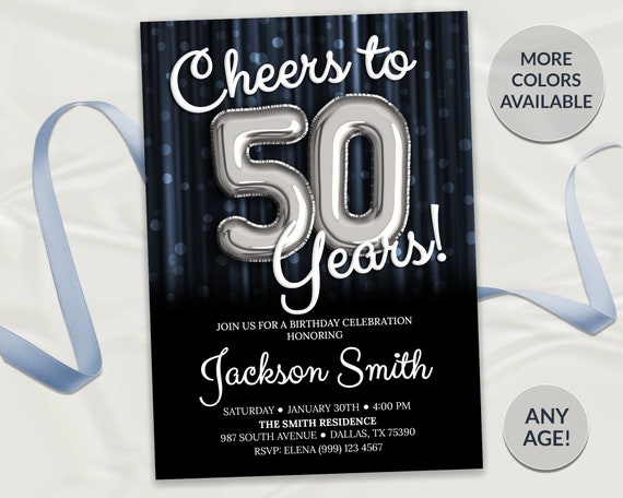Invitación de 50 cumpleaños Saludos a 50 años Invitación de fiesta  Invitación de cumpleaños para adultos Invitación de cumpleaños elegante  Invitación de fiesta de globos -  México