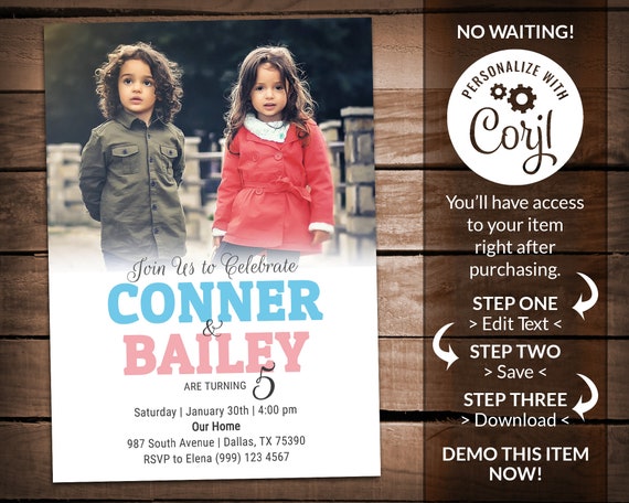 Twins Birthday Party Invitation Joint Birthday Party Invite Twins Party Invite INSTANT DOWNLOAD Editable digital file Corjl invitation Il_570xn