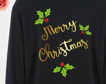 Suéter navideño dorado metalizado, suéter con purpurina Holly