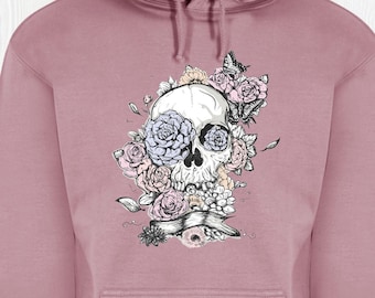 Sudadera con capucha de calavera y rosas, top gótico rosa empolvado