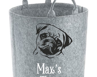 Adorable perro personalizado animal de compañía Toy Treat Trug Basket Organizador Gris Felt Pug, pastor alemán, huskey, perro salchicha, pittbull regalo de Navidad