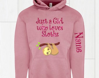 Faultier-Liebhaber freuen sich personalisiert Nur ein Junge / Mädchen, das Sloths Hoodie staubig rosa Glitzer oder weißer Text Kid's Kinder liebt