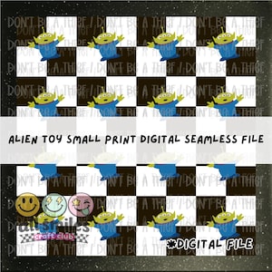 May include: Digital seamless file featuring a repeating pattern of green alien characters in blue outfits on a black and white checkered background. The text "DON'T BE A THIEF" is repeated throughout the design. The file also includes the text "ALIEN TOY SMALL PRINT DIGITAL SEAMLESS FILE".