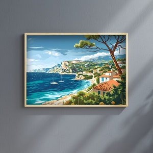 Vintage costa francesa océano pared arte Francia arte vintage decoración francesa viaje pared arte mar Mediterráneo arte pared francesa arte costa