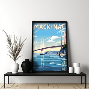Mackinac Bridge Art Mackinaw Bridge Print Michigan Artwork Michigan Home Decor Mackinac Island Bridge Art Lake Michigan Poster Lake Michigan