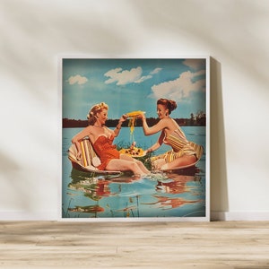 Women Eating Spaghetti On the Water 1960&#39;s Aesthetic Colored Vintage Wall Art Funny Picnic Art Vintage Women