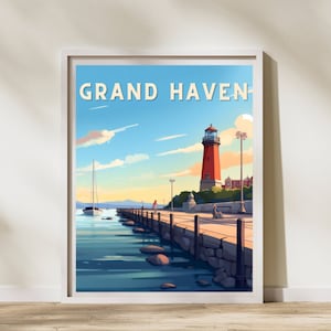 Michigan Art Grand Haven Michigan Cartel Lago Michigan Cartel Arte de Lujo Michigan Cottage Home Decor Lago Michigan Impresión Arte Lake House