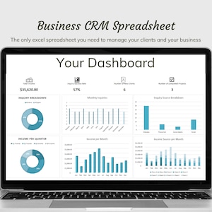 May include: A laptop screen displaying a business CRM spreadsheet dashboard with charts and graphs showing total income, inquiry success rate, monthly inquiries, number of new clients, number of completed projects, income per month, and income source per month.