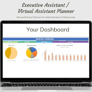 Op de afbeelding: Een laptopscherm dat een spreadsheet toont met een dashboard voor een executive assistant of virtual assistant. Het dashboard bevat een maandelijks overzicht met geschatte en werkelijke uren, een taakoverzicht met voltooide en openstaande taken, en een categorie-overzicht van taken.