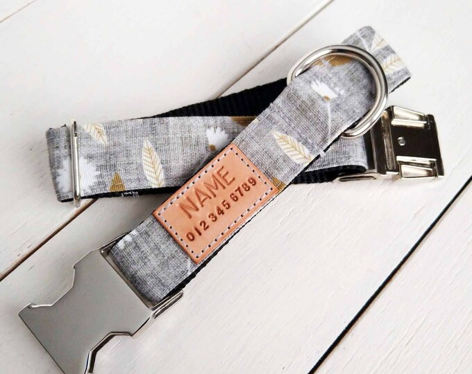 tagless personalized tag option metal and YKK buckle choice STAIN RESISTANT grey flowers and leaves dog collar 2 in 1 product