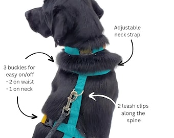 Dog harness, multicolor or 1 solid color, 3 buckles for easy on/off, 4 spots to adjust size, 3 clips for leash, UV/mildew resist, 11 colors