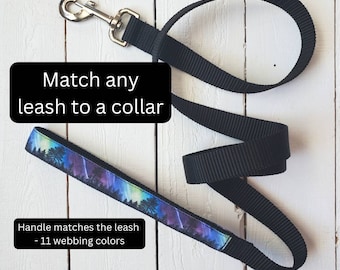 5 foot long leash, leash handle matches any collar, length of leash can be any color from picture 2, silver hardware