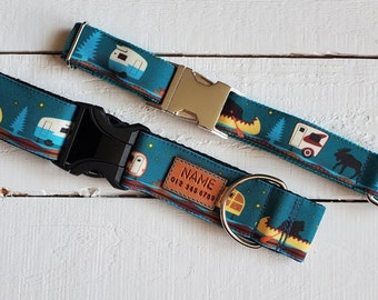 EASY CLEANING camping themed teal dog collar, water and stain resistant, personalized tag option, metal or YKK buckle choice, tagless