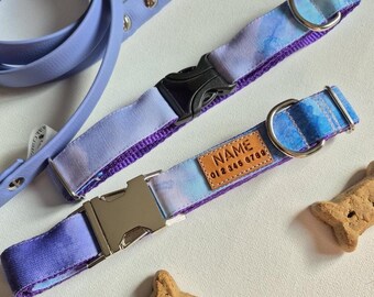 Purple Watercolor Dog Collar: Stain Resistant Canvas, blue and purple hues, Optional Personalized Tag
