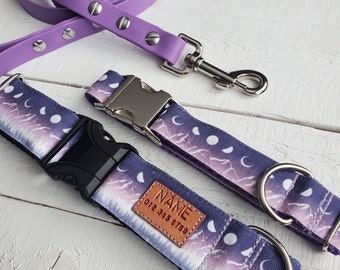 STAIN RESISTANT purple, mauve, white, dog collar with moon phases and mountains, personalized id tag option and metal or YKK buckle choice