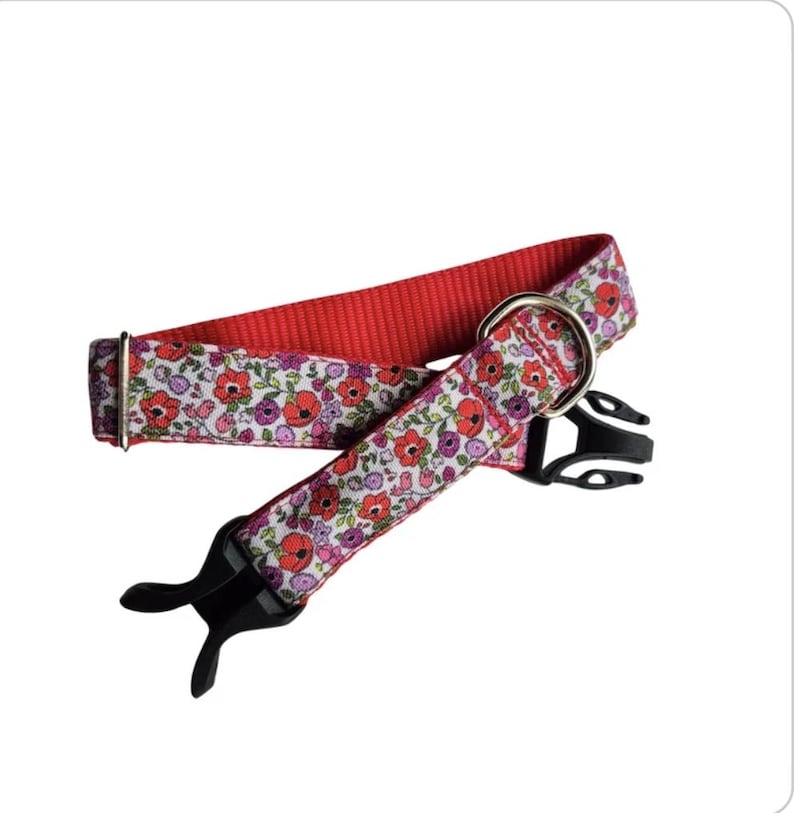 Puede incluir: Un collar para mascota con un estampado floral de flores rojas, moradas y verdes sobre fondo blanco. El collar tiene un forro interior rojo brillante, una anilla en D de metal plateado, un deslizador de ajuste met&aacute;lico y una hebilla de pl&aacute;stico.