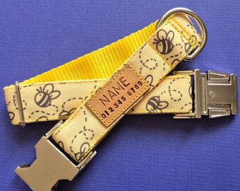 Yellow Bumble Bee Dog Collar: Stain Resistant Canvas, Optional Personalized Tag