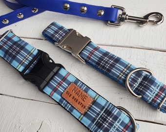 STAIN RESISTANT blue plaid dog collar, personalized id tag option and metal or YKK buckle choice, tagless, 2 in 1