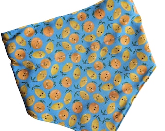 Citrus fruits pattern slip on dog bandana, lemons, oranges, stain resistant pattern, waterproof and wipe clean backing