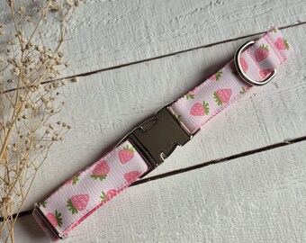 Strawberry Dog Collar: Stain Resistant Canvas, Girly Pink, Personalized Option