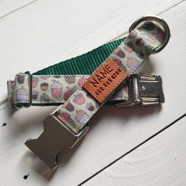 WATER/STAIN RESISTANT dog collar with acorns, Autumn theme, light green, your choice of an attached id tag and buckle choice, easy cleaning