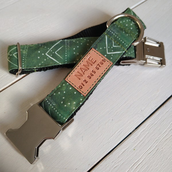 STAIN RESISTANT celestial geometric green dog collar, personalized tag option, metal and YKK buckle choice, tagless, 2 in 1 product