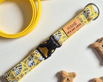 Racoons on Yellow Dog Collar: Stain Resistant Canvas, Optional Personalized Tag