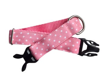 Pink Polka Dot Dog Collar: Stain Resistant Canvas, Water Resistant, Optional Personalized Attached ID Tag, Tough