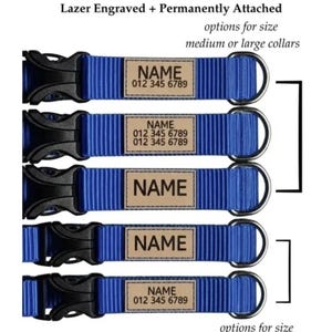 May include: Five blue nylon pet collars with black plastic buckles and metal D-rings. Each collar features a tan rectangular ID tag with laser engraved text reading NAME and 012 345 6789. The text ID TAG OPTIONS Lazer Engraved + Permanently Attached is visible.