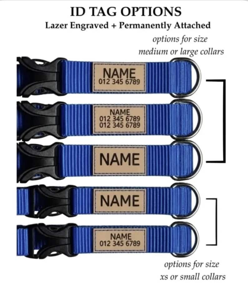 May include: Five blue nylon pet collars with black plastic buckles and metal D-rings. Each collar features a tan rectangular ID tag with laser engraved text reading NAME and 012 345 6789. The text ID TAG OPTIONS Lazer Engraved + Permanently Attached is visible.