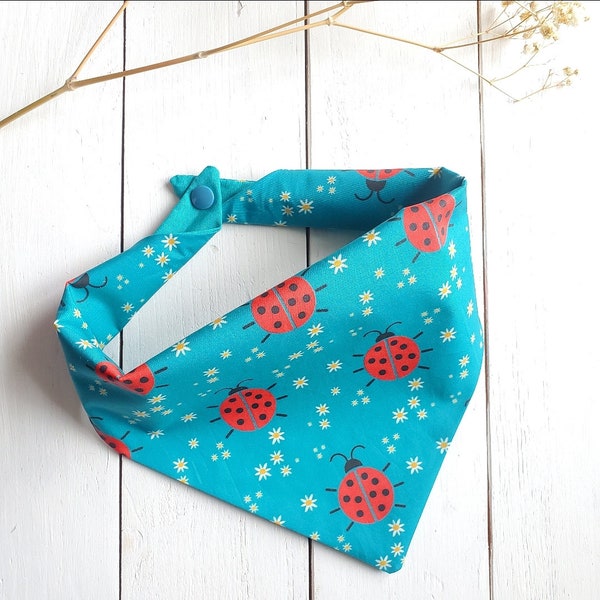 Teal dog bandana with ladybugs and daisies, cotton, snap on bandana, lightweight, matching collar available, secure with snaps or tie & snap