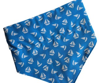 Sailboats pattern slip on dog bandana, stain resistant pattern, waterproof and wipe clean backing, top stitched