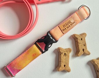 Orange Watercolor Dog Collar: Stain Resistant Canvas, blue and purple hues, Optional Personalized Tag