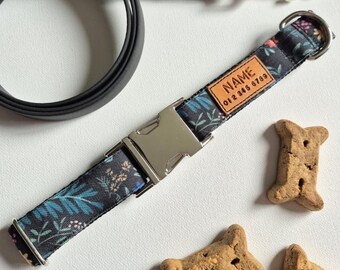 Floral Dog Collar: Stain Resistant Canvas, black background, Optional Personalized Tag