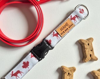 Moose and Mape Leaves Dog Collar: Stain Resistant Canvas, Optional Personalized Tag