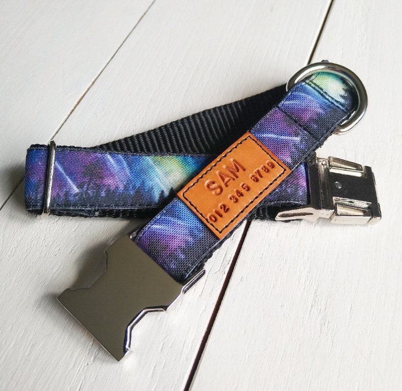 STAIN RESISTANT northern lights and trees dog collar with personalized name tag option and metal or YKK buckle choice, 2 in 1, tagless image 1