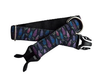 Lupins on Black Dog Collar: Stain Resistant Canvas, Water Resistant, Optional Personalized Attached ID Tag, Tough